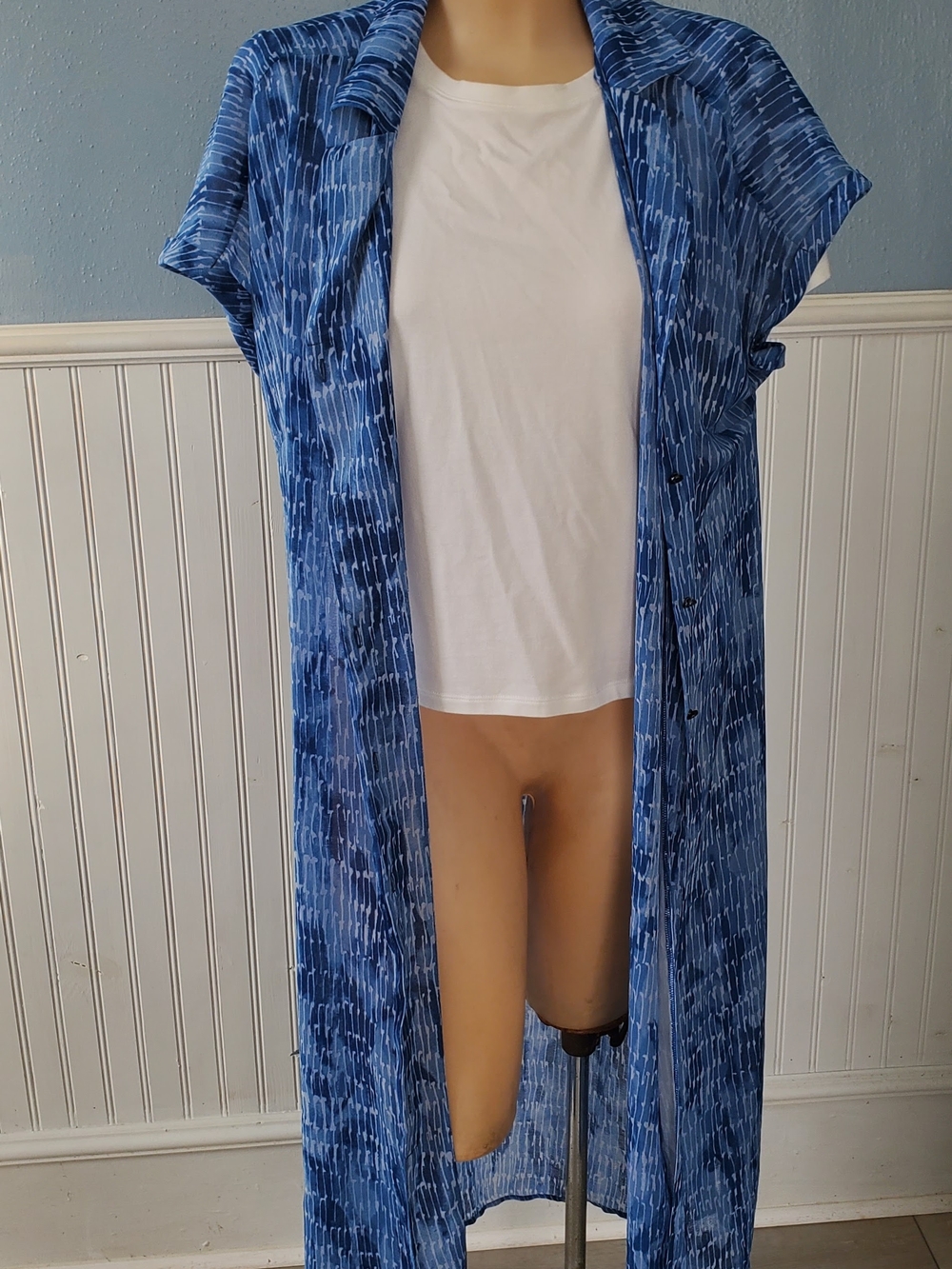 H by Halston Womens Sheer Button Front Duster Catalina Blue Size Med Layers